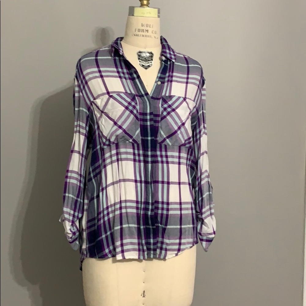 Express S purple and turquoise plaid button up